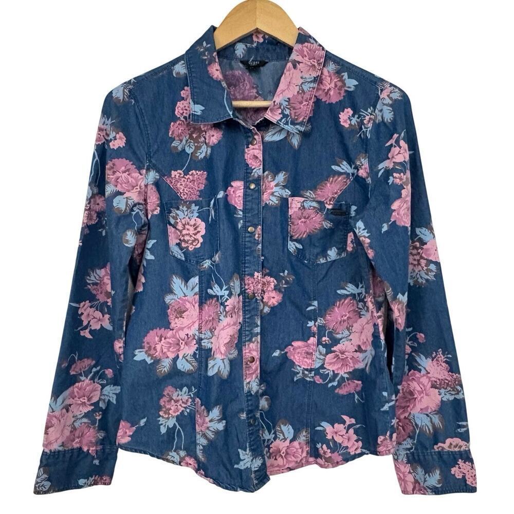 Guess Denim Floral Button Front Shirt Blue Pink Flowers Size Large100% Cotton - Picture 2 of 5